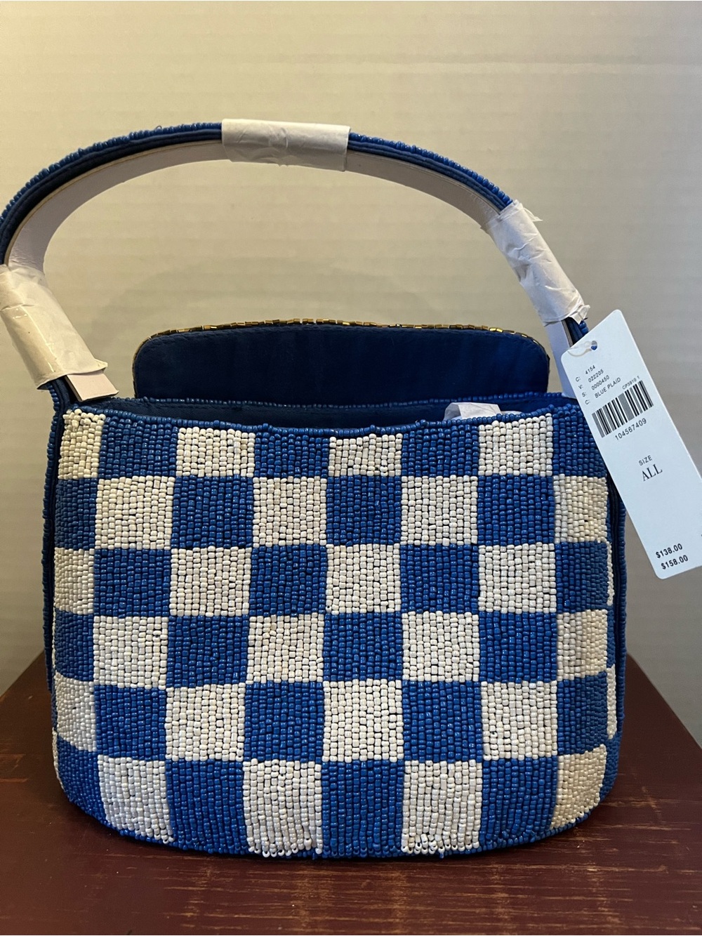 Blue & White Beaded Checkerbook Top-Handle Bag - Picture 5 of 6
